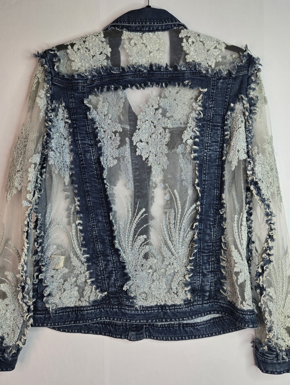 John Mark Women Size S Denim & Lace Cutout Button front Jacket, Patch Pockets - Picture 8 of 13